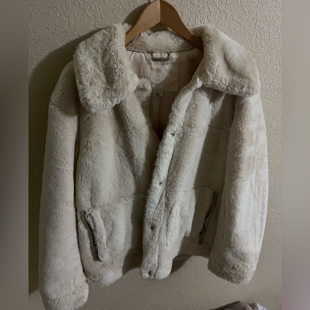 Cream faux fur jacket with color. BARELY worn.